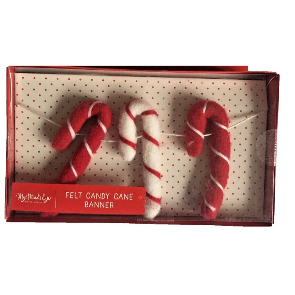 Minds Eye Christmas 20 Felt Candy Canes 7 Ft Tree Mantle Garland Wool Red White